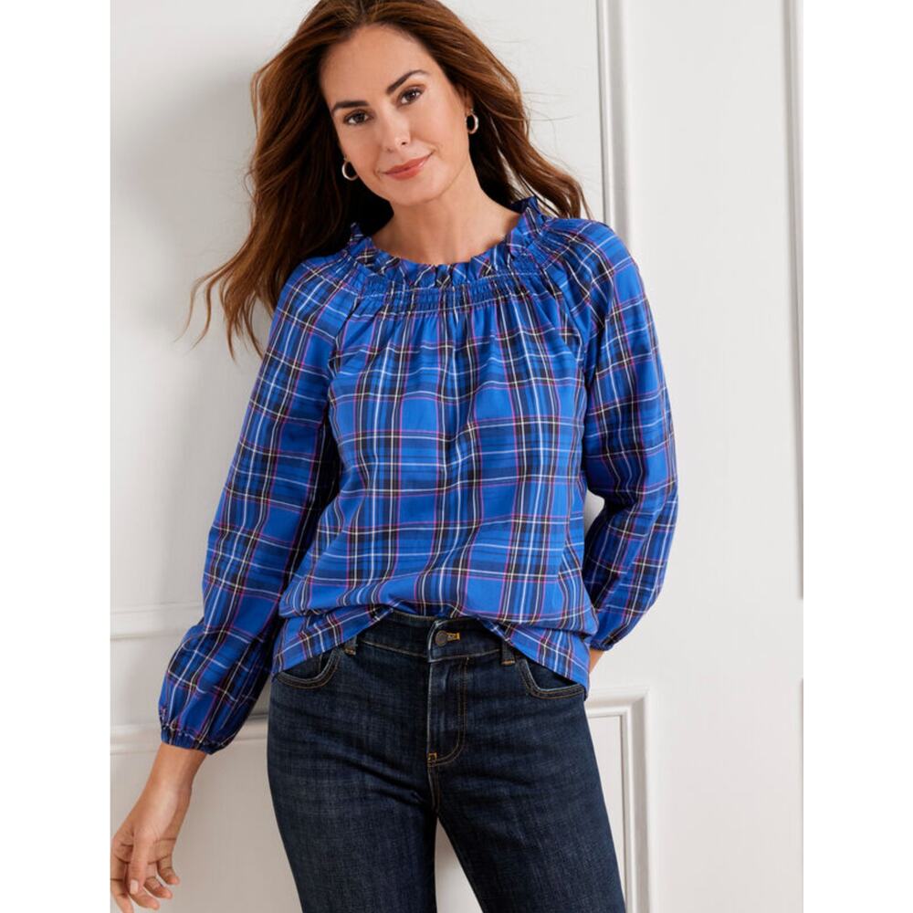 Talbots Womens M Petite Blue Midnight Plaid Smocked Long Sleeve Blouse Pull Over